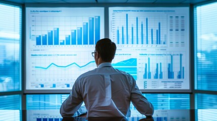 Poster - A businessman making a presentation with a financial graph on a projection screen in a corporate conference room.