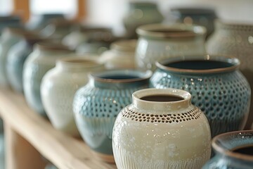 Wall Mural - Close-up of textured clay pottery on a natural beige background, showcasing the craftsmanship and beauty of handmade ceramics.