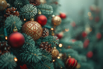 Wall Mural - Decorated Christmas tree closeup on blurred background, ai technology