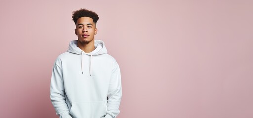 A young man wearing a white hoodie stands in front of a pink background