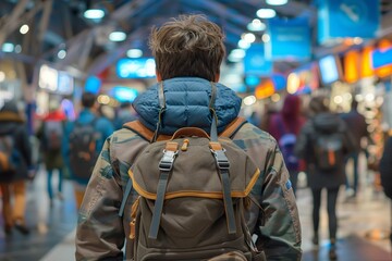 Wall Mural - A young man walks through a busy airport terminal, his back turned to the camera, carrying a large backpack