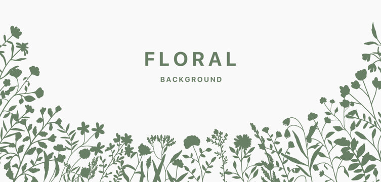 Floral background black silhouette. Flower plant pattern leaf design. Spring summer abstract floral frame. Vector illustration flora decor