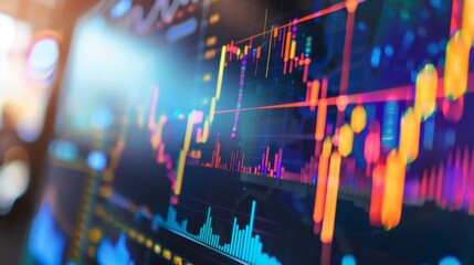 Aufkleber - A close-up of a computer screen displaying a detailed financial graph with fluctuating stock prices in various colors.