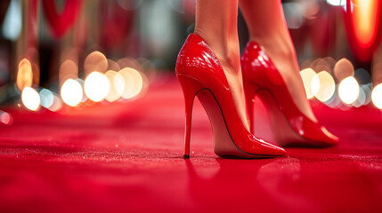 Legs of a young slender woman in red high-heeled shoes on the red carpet