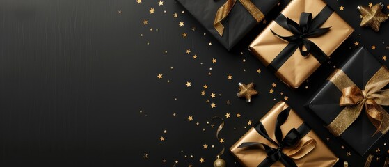 Black and gold gift boxes with star confetti on a dark background