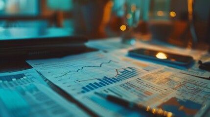 Poster - A close-up of financial graphs and charts spread out on a desk, indicating thorough market analysis.