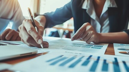 Poster - A financial advisor consulting with a client, pointing at a document with investment options and financial charts.
