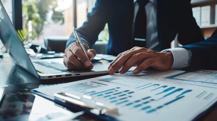 Poster - A financial advisor consulting with a client, pointing at a document with investment options and financial charts.