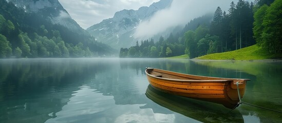 Wooden Rowboat on a Misty Lake in the Alps