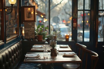 Wall Mural - Atmospheric french restaurant with charming an cozy interior in morning light, intimate, nostalgic, elegant, parisian