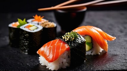 Wall Mural - Elegant Sushi Artistry, A Vibrant Platter with Salmon Avocado Rolls and Edible Flower Garnishes