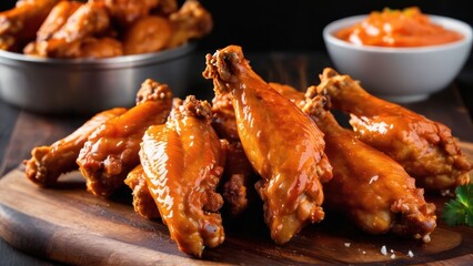 Wall Mural - Savory Glazed Buffalo Chicken Wings with Zesty Dipping Sauce in a Casual Dining Ambiance