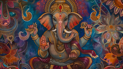 Wall Mural - A vibrant and colorful artwork of Lord Ganesh, with intricate patterns and designs