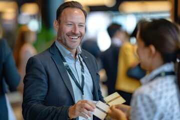 a smiling businessman engages in friendly banter with software developers and tech industry leaders 