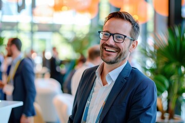 a smiling businessman engages in friendly banter with software developers and tech industry leaders 