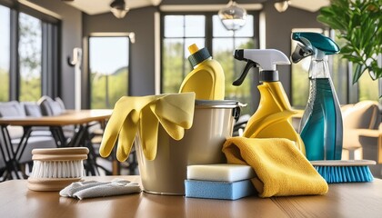 household cleaning supplies gathered together on a table in house