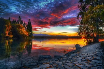 Wall Mural - stone path by the lake surrounded by trees with red and blue skies