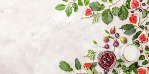 Wall Mural - Jars of fig jam surrounded by fresh figs and fig leaves on a light, rustic background, highlighting the rich, sweet homemade preserve.