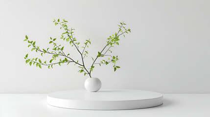 Wall Mural - Green Branches in vase on table with light on window,Elegant Tranquility: The Green Plant Enlivening a White,white wall empty room interior floor background modern light design. interior space home 