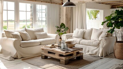 Eco-Friendly Living Room with Organic Linen Sofas and Reclaimed Wood Coffee Table