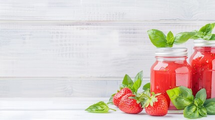 Wall Mural - Fresh strawberries, basil leaves, and raspberry sauce artfully arranged on a white background, showcasing a vibrant and healthy food concept.