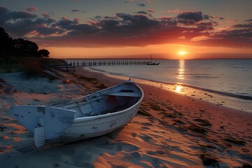 Wall Mural - a white wooden boat on the beach with sunset