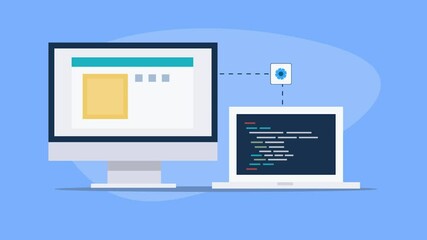 Website backend coding on laptop screen, web development programming interface, and information technology software application concept, video animation.