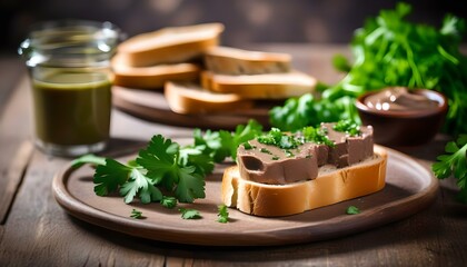 Wall Mural - Liver pate on toast with fresh parsley
