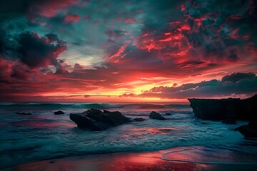 Wall Mural - beach with rocks and beautiful red sky