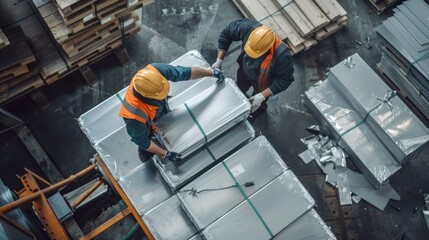 Workers packaging steel products for shipment, highlighting the durability and versatility of steel as a building material , 