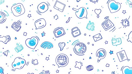 Hand-drawn social media and tech icons pattern in blue and teal on white background