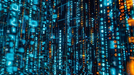 Futuristic digital data streams of glowing blue and orange binary code in a virtual cyber world.