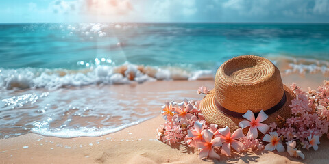 Composition with hat at turquoise sea background. Summer vocation concept in exotic beach. Template poster invitation flyer banner email header social media post. Horizontal. Generative Ai content