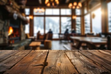 Wall Mural - A wooden table in the foreground with a blurred background of a ski lodge. The background includes cozy seating by a fireplace, ski gear, windows with views of snowy slopes.