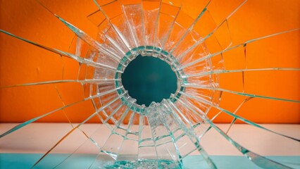 Broken glass on dark background with hole close up