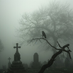 Wall Mural - Halloween, cemetery in the fog, mysticism, magic, ai generative	
