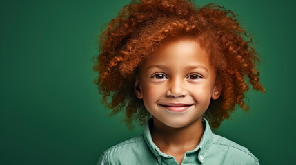 Portrait of a happy smiling Afro-American red-haired boy child with long hair and perfect skin, light green background, banner.