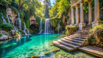 Greece enchanted lagoon water paradise, greek mythology concept with ancient ruins and waterfalls