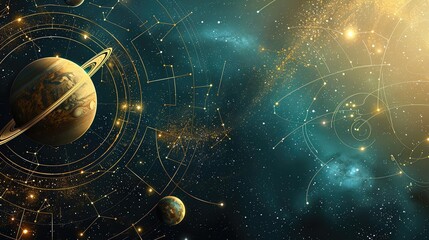 Elegant astrology background with planets and star maps, ample space for text