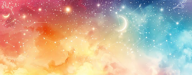 whimsical astrology background with hand-drawn zodiac elements, soft colors, lots of white space for