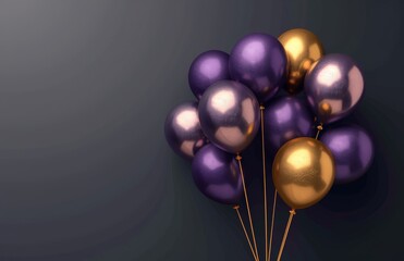 Wall Mural - Gold and Purple Balloons Against a Black Textured Wall