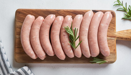 Wall Mural - Raw sausages on wooden board, ready for seasoning or grilling, with sprig of rosemary. Tasty food.