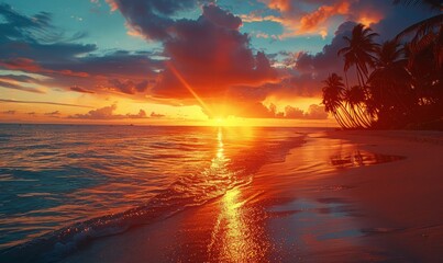 Wall Mural - A vibrant sunset over a tropical beach