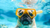 Adorable pug dog wearing yellow diving goggles exploring the clear blue underwater ocean swimming with bubbles and looking curious and playful during a summer vacation or leisure activity