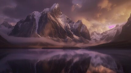 Majestic ice-covered mountains reflecting in calm sea waters at dawn
