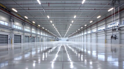 an empty, well-lit warehouse featuring clean floors and high-tech infrastructure. the clear lighting