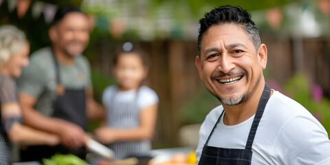 Wall Mural - Latin man smiles cooking barbecue in backyard family blurred in background. Concept Outdoor Cooking, Family BBQ, Latin American Culture, Lifestyle Photography, Happy Moments