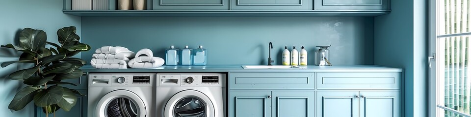 Luxury Laundry Room with Pearl Grey Cabinets and Bright Azure Walls