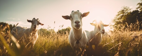 Three White Goats in a Field of Tall Grass at Sunset