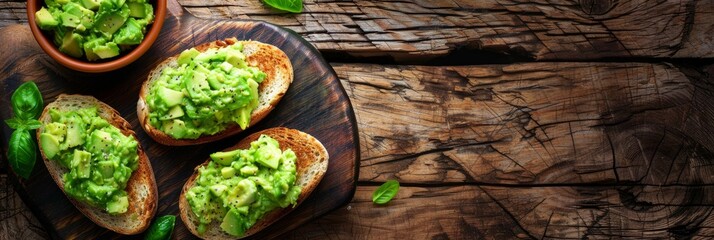 Wall Mural - Homemade avocado toasts and smashed fresh ripe avocados in bowl on cutting board on wooden rustic brown background. Avocado smash sandwiches, healthy snack for diet, clean eating. Top view, copy space